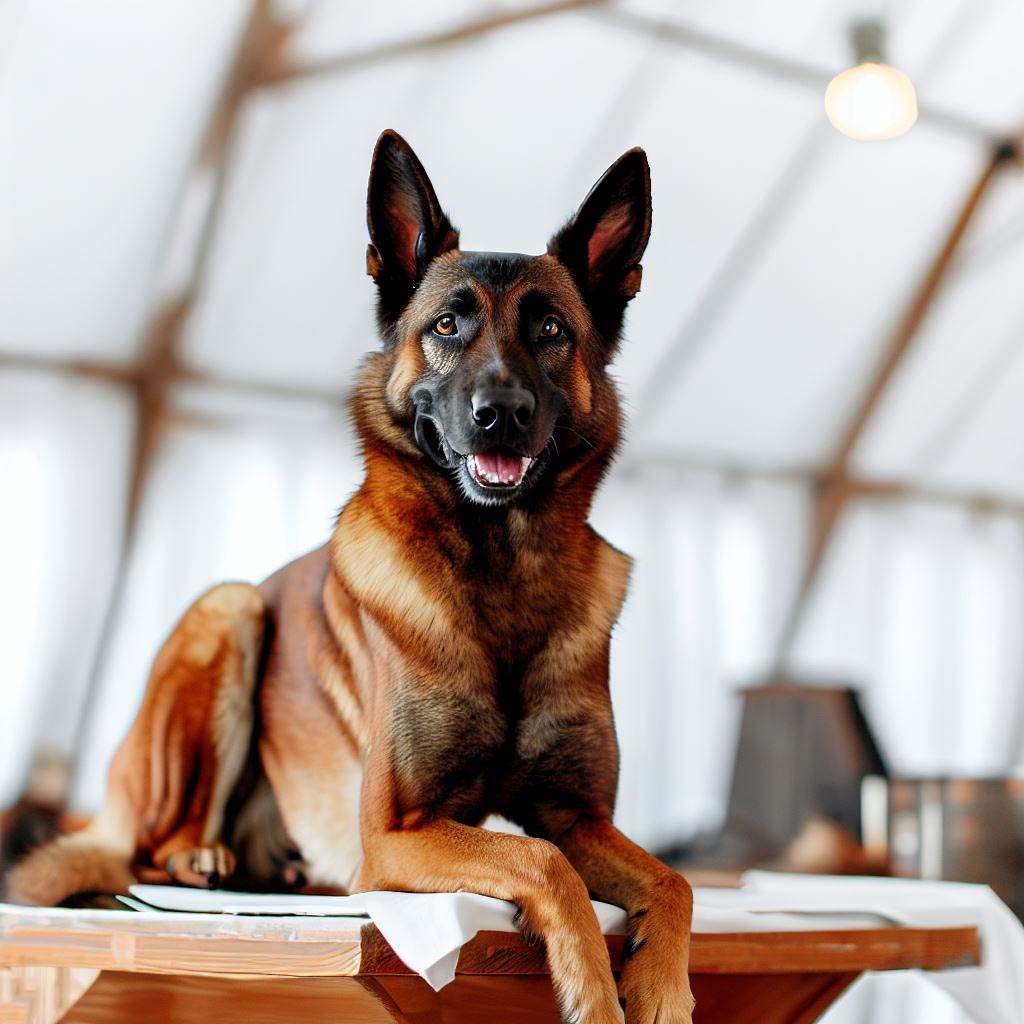 Belgian shepherd Malinois on the loft table in the white tent at the show