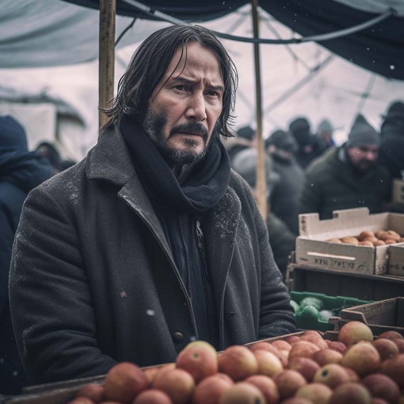 John Wick selling vegetables in a white trading tent