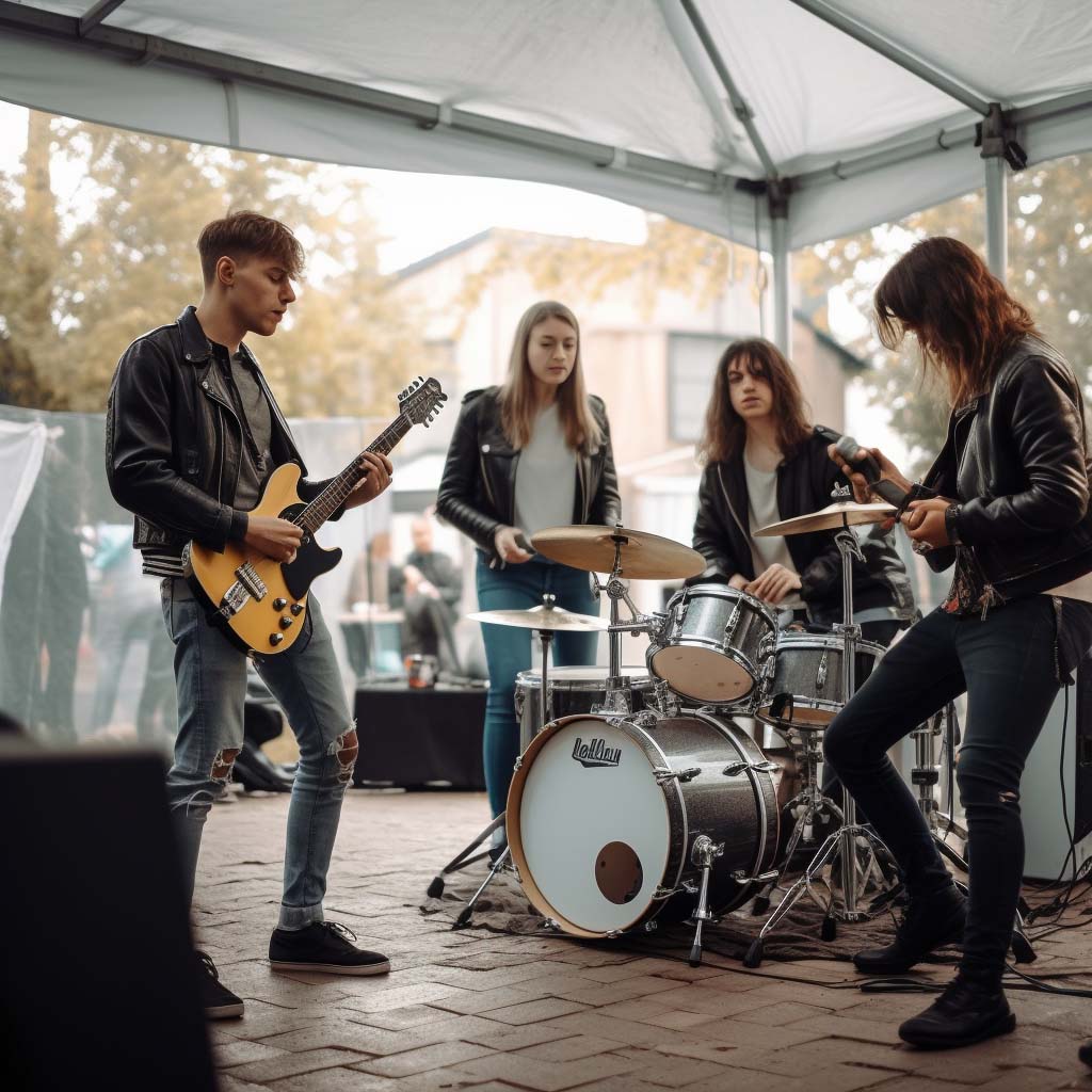 rock band performs in a white tent on the street
