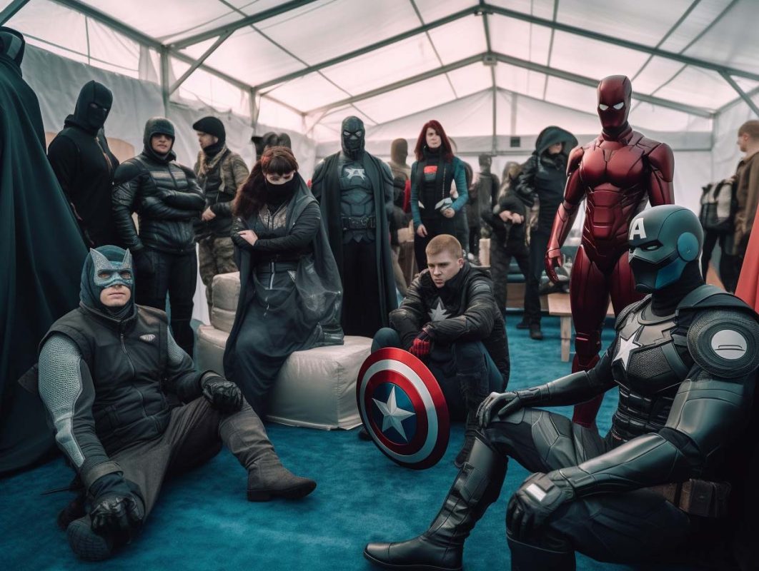 Marvel heroes at a costume party inside a white shopping tent on the street in Minsk