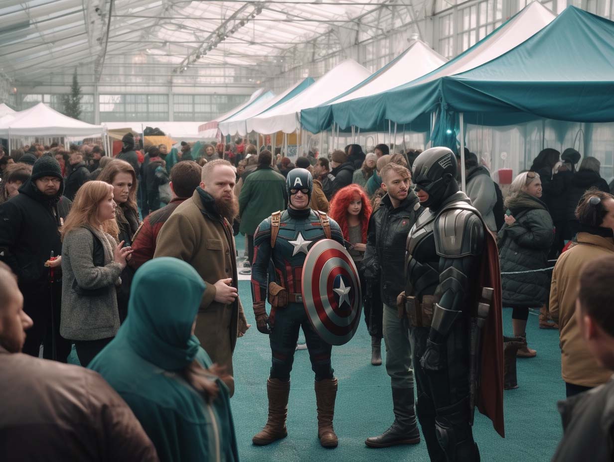 Marvel heroes at a costume party inside a white shopping tent on the street in Minsk
