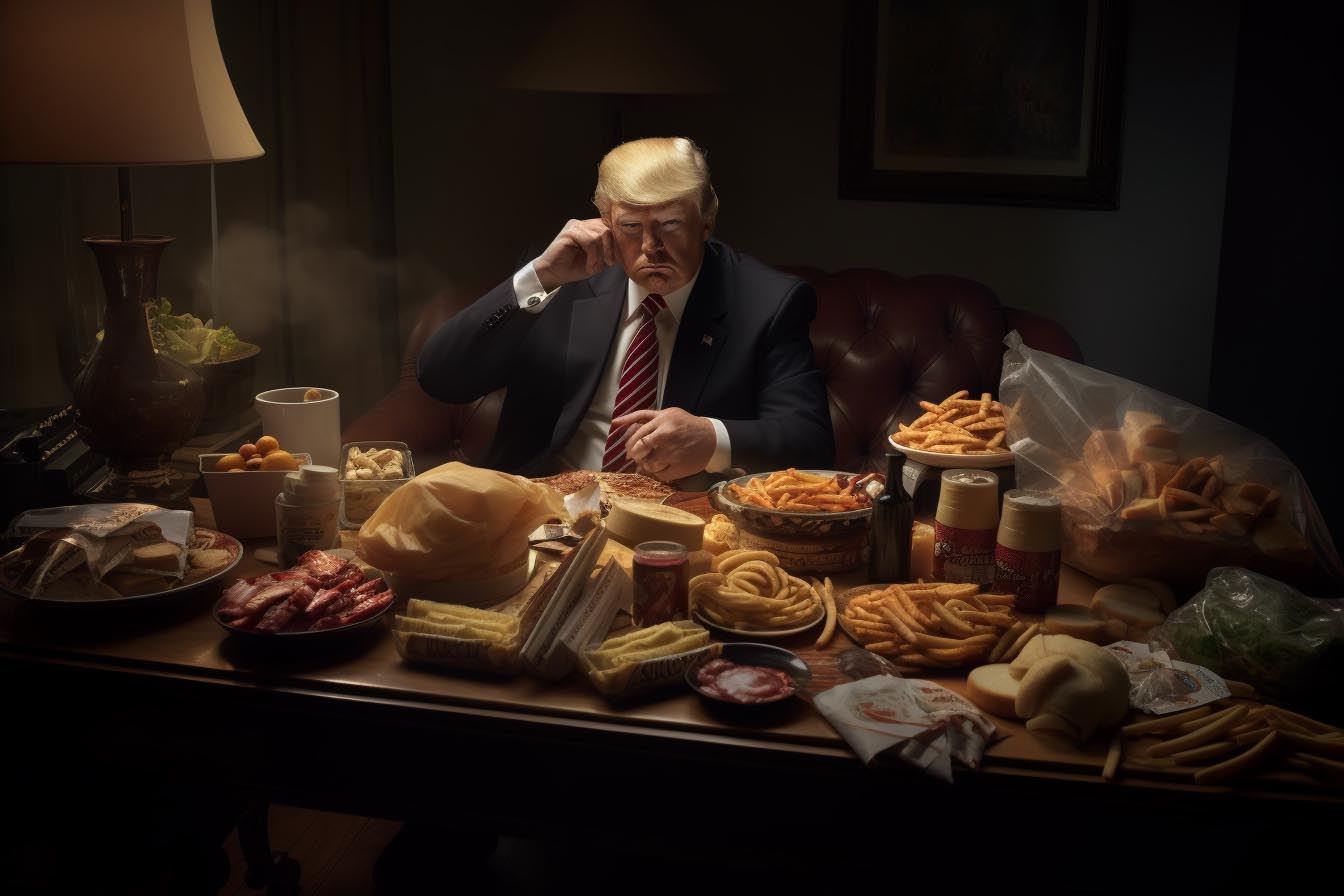 Trump sits at a loft-style table with food on the table