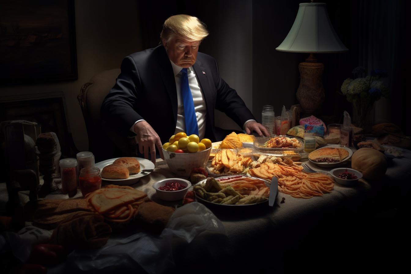 Trump sits at a loft-style table with food on the table