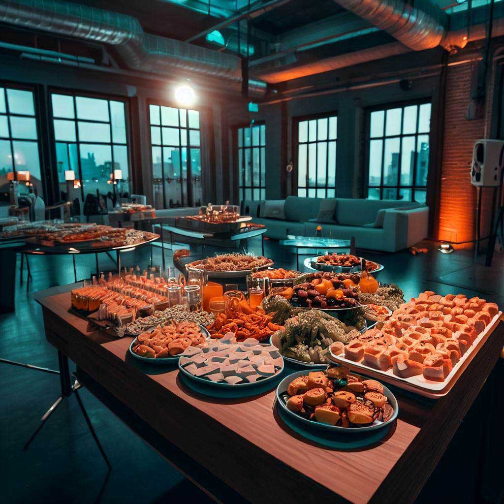  photo of food on loft table at corporate party