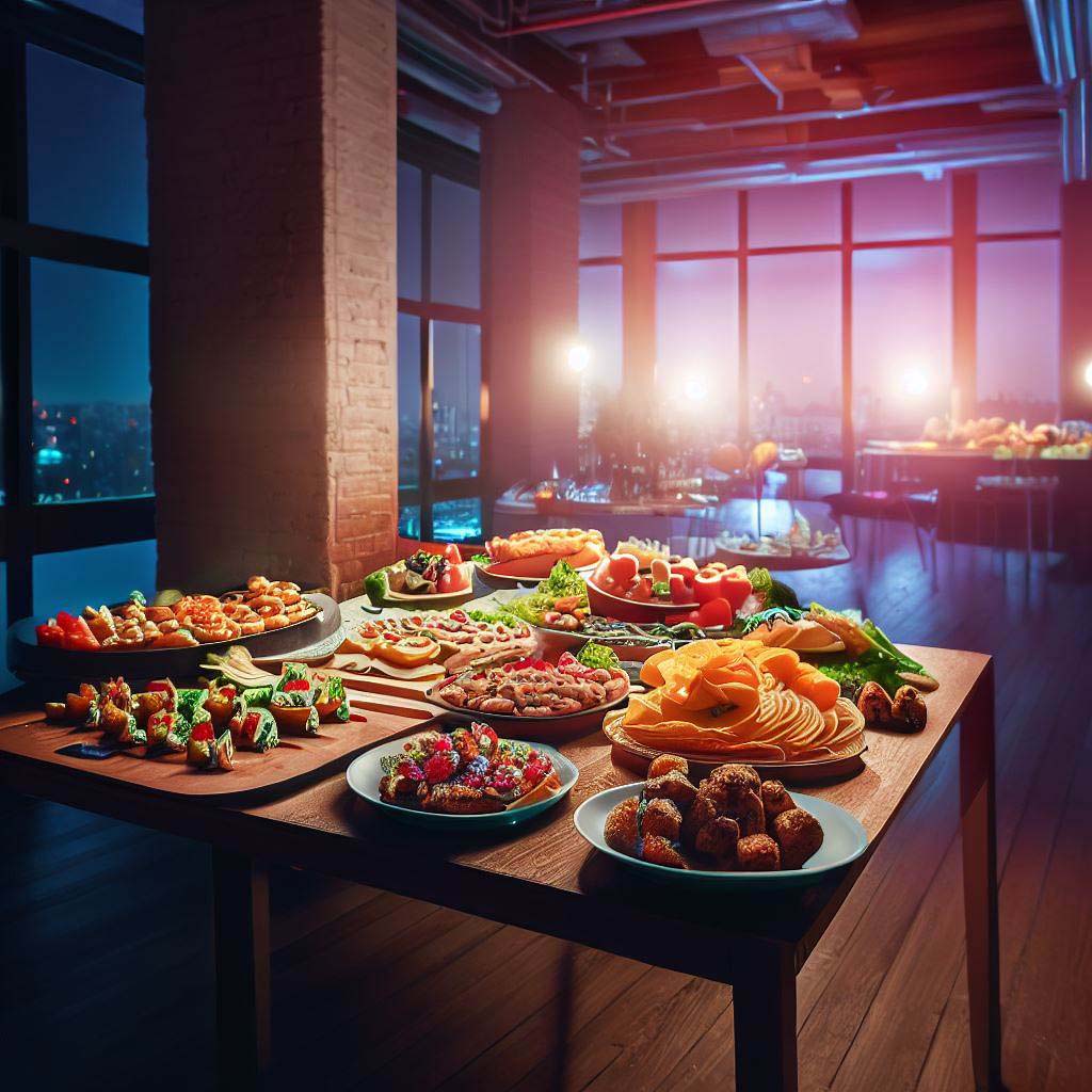  photo of food on loft table at corporate party