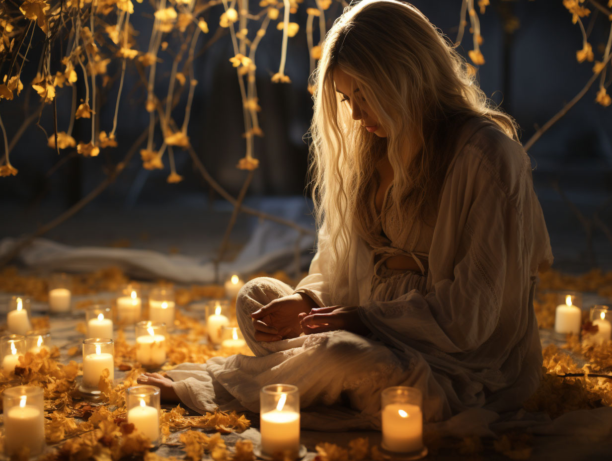 проведение мистического ритуального обряда стройной молодой женщиной-ведьмой под белым шатром