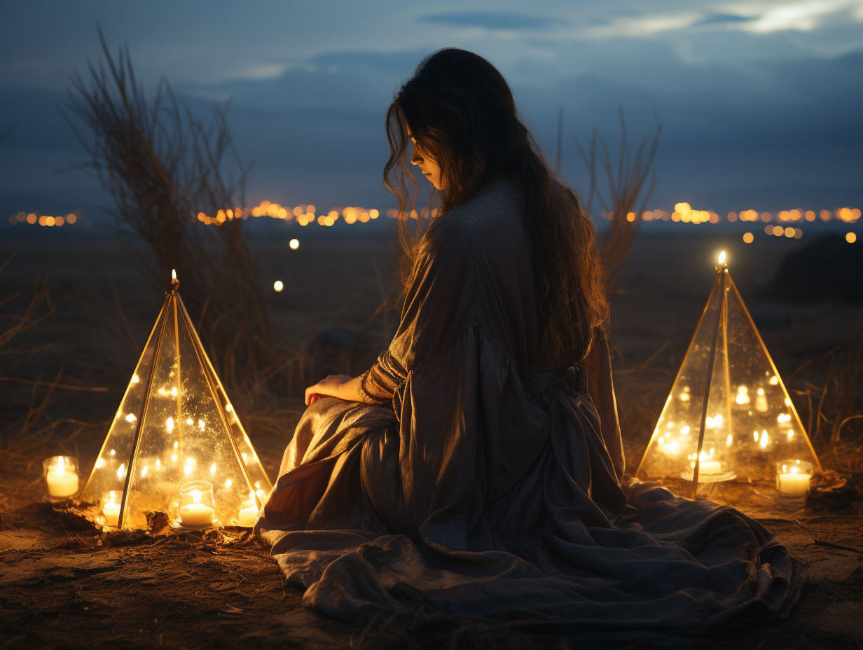 проведение ритуального обряда женщиной-ведьмой в ночном пейзаже